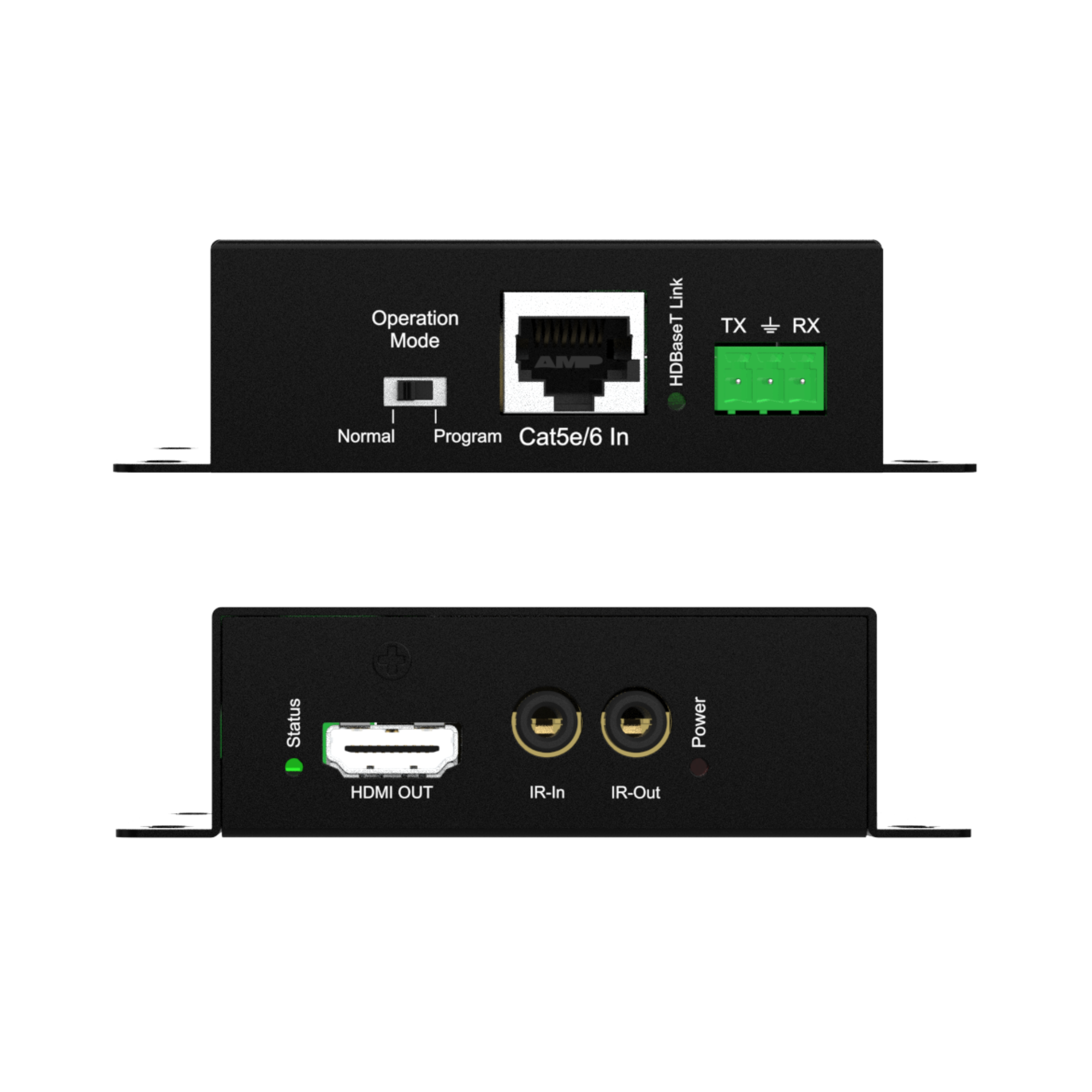 Operation Mode: Normal, Program, Cat5e/6 In
Link: HDBaseT TX RX
Status: Power
HDMI OUT
IR-In
IR-Out