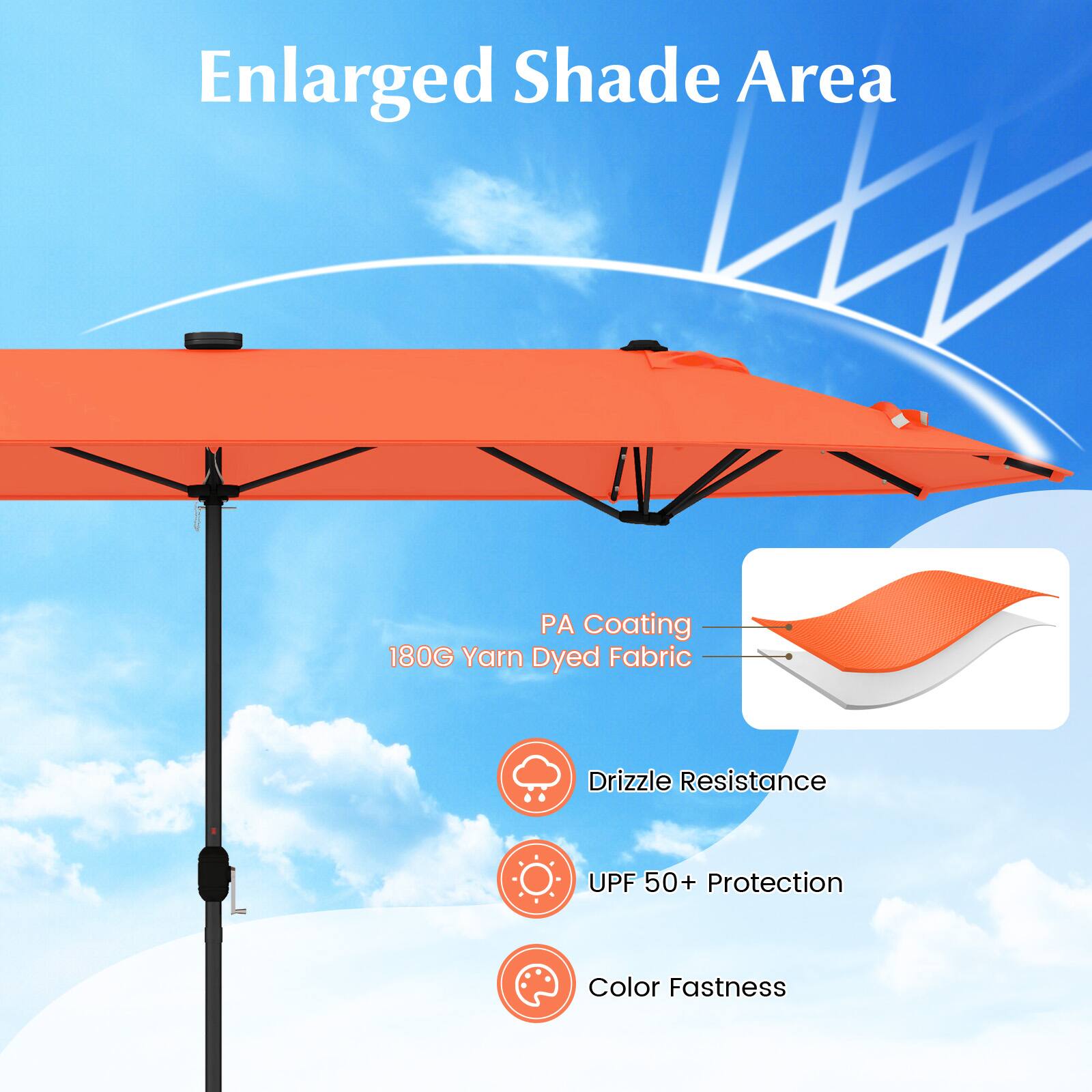Enlarged Shade Area

PA Coating  
180G Yarn Dyed Fabric

Drizzle Resistance  
UPF 50+ Protection  
Color Fastness