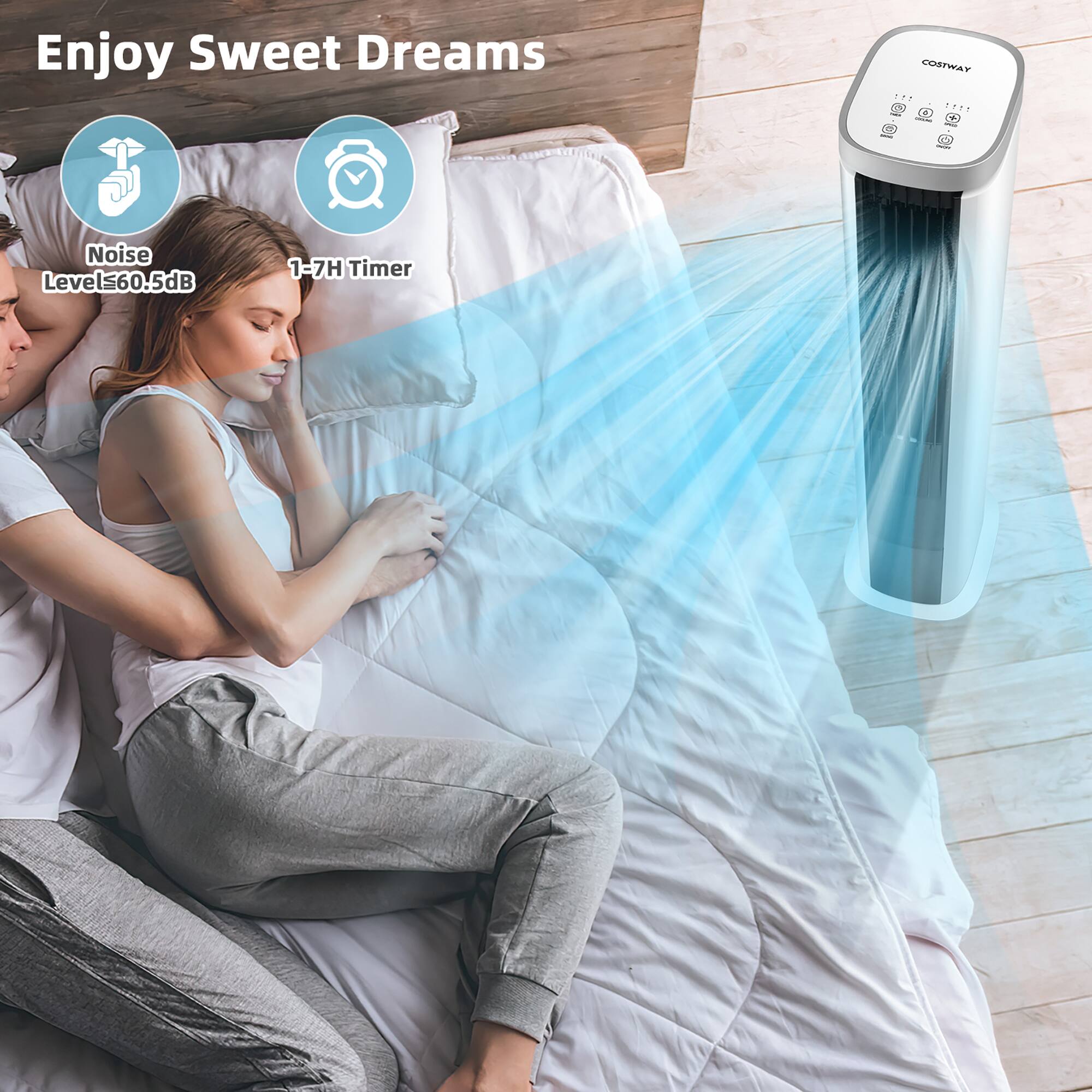 Enjoy Sweet Dreams with a COSTWAY air purifier. The air purifier has a noise level of 60.5 dB and a 1-7H timer.