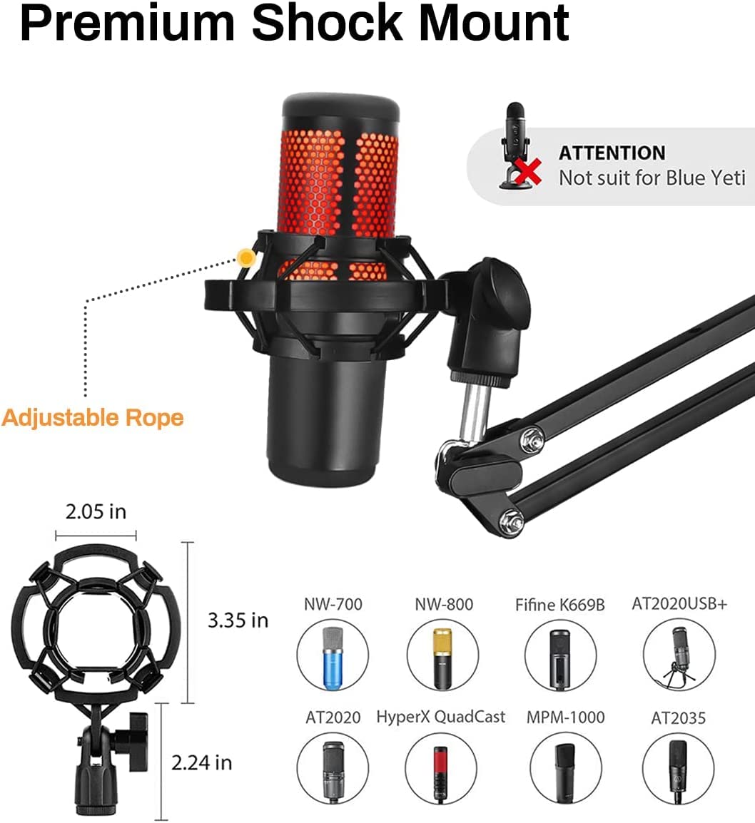 Premium Shock Mount

Adjustable Rope

ATTENTION
Not suit for Blue Yeti

2.05 in
3.35 in
2.24 in

NW-700
NW-800
Fifine K669B
AT2020USB+
HyperX QuadCast
MPM-1000
AT2035

AT2020