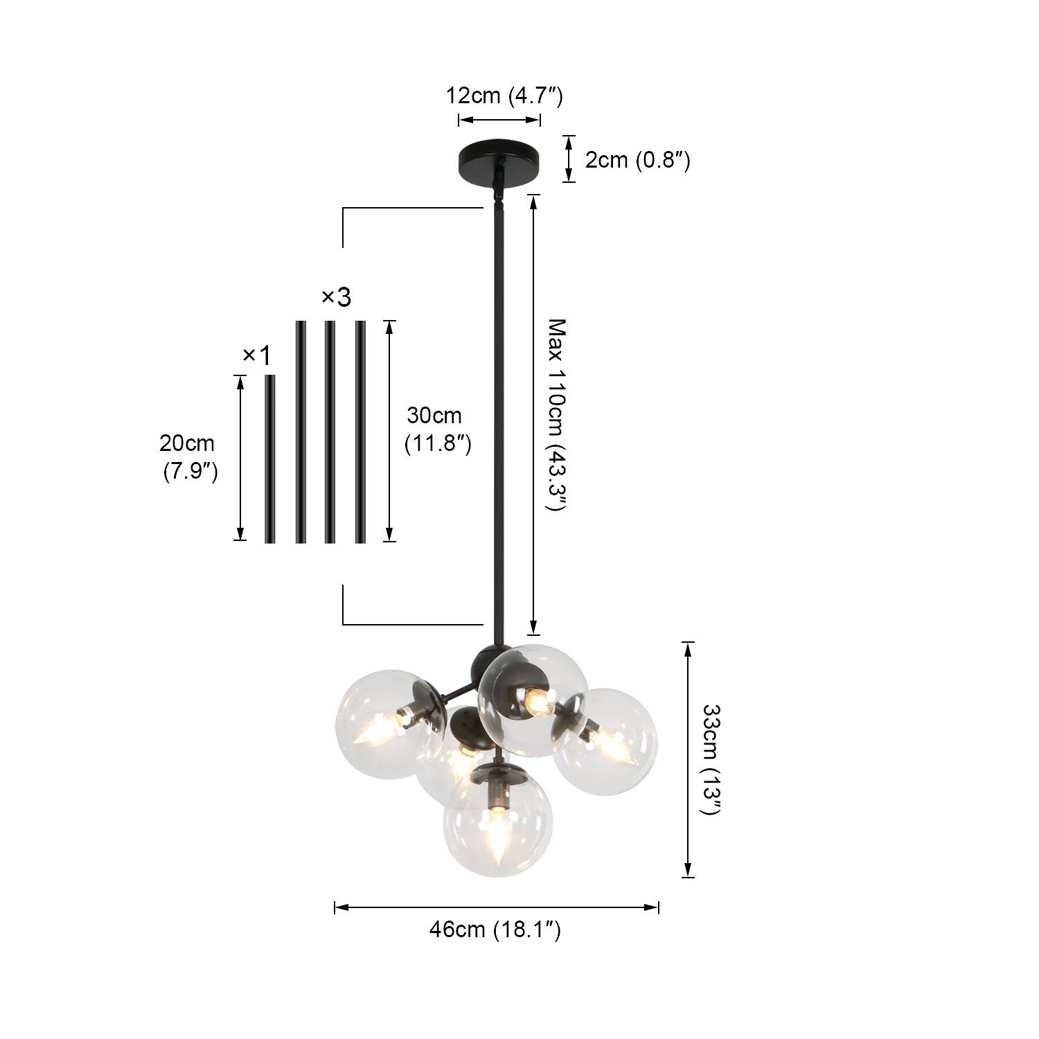 12cm (4.7")  
2cm (0.8")  
x1  
20cm (7.9")  
1 x3  
30cm (11.8")  
Max 110cm (43.3")  
33cm (13")  
46cm (18.1")