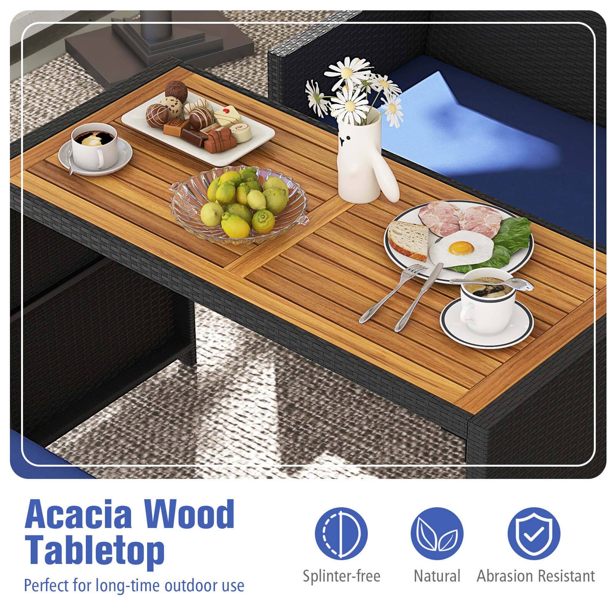 Acacia Wood Tabletop  
Perfect for long-time outdoor use  

Splinter-free  
Natural  
Abrasion Resistant