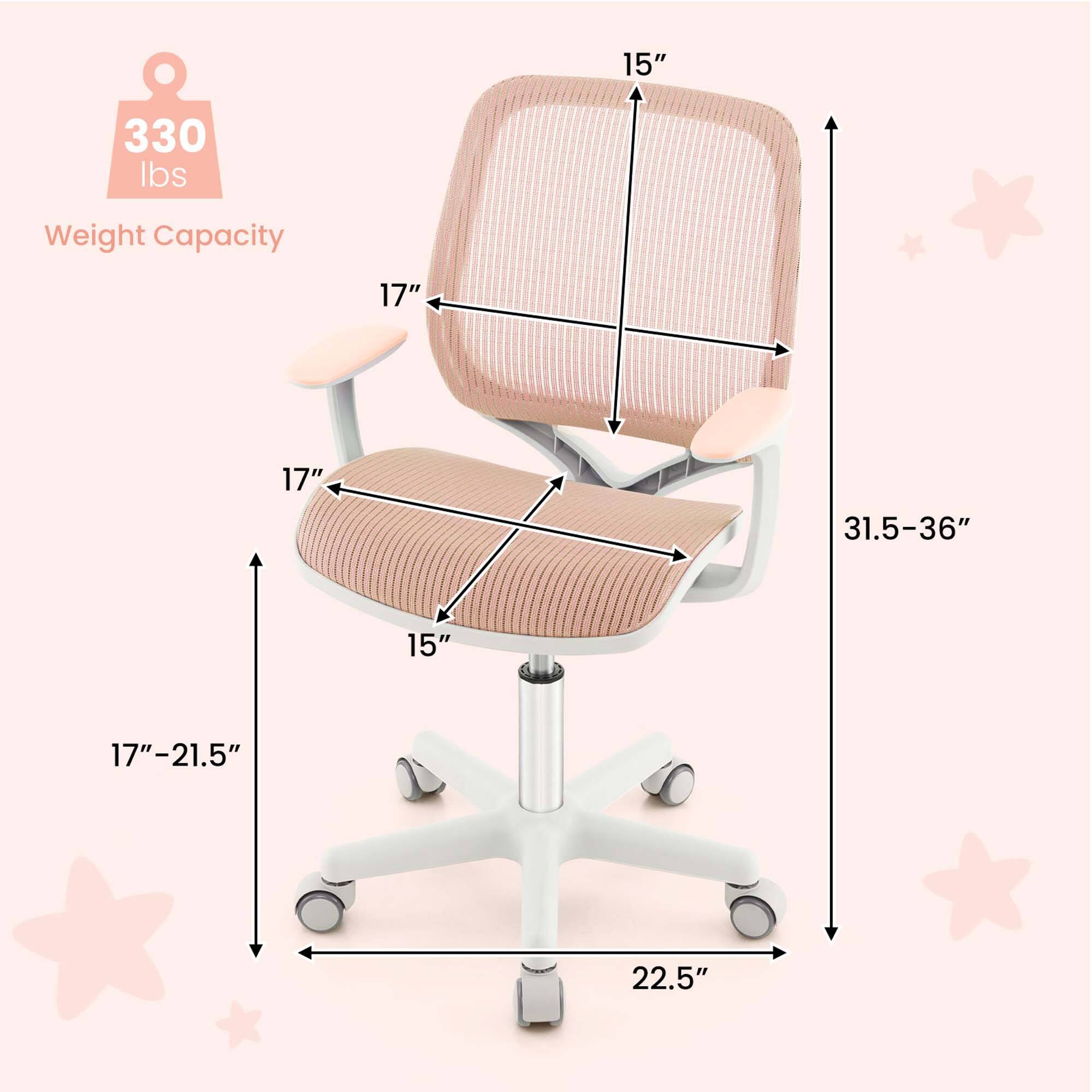 Weight Capacity: 330 lbs

Dimensions:
- Height: 31.5-36"
- Seat width: 17"
- Seat depth: 17"
- Seat height: 15"
- Armrest height: 17"-21.5"
- Base width: 22.5"
