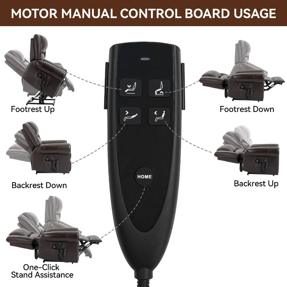 MOTOR MANUAL CONTROL BOARD USAGE

- Footrest Up
- Footrest Down
- Backrest Down
- HOME
- Backrest Up
- One-Click Stand Assistance