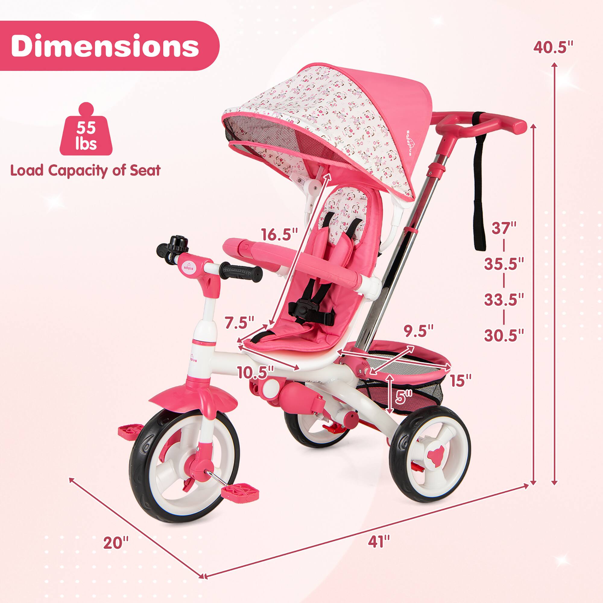 Dimensions:  
- Height: 40.5"  
- Width: 37"  
- Depth: 35.5"  
- Seat Width: 16.5"  
- Seat Depth: 10.5"  
- Handle Height: 33.5"  
- Wheel Diameter: 9.5"  
- Load Capacity of Seat: 55 lbs  
- Front Wheel Width: 15"  
- Rear Wheel Width: 20"  
- Overall Length: 41"