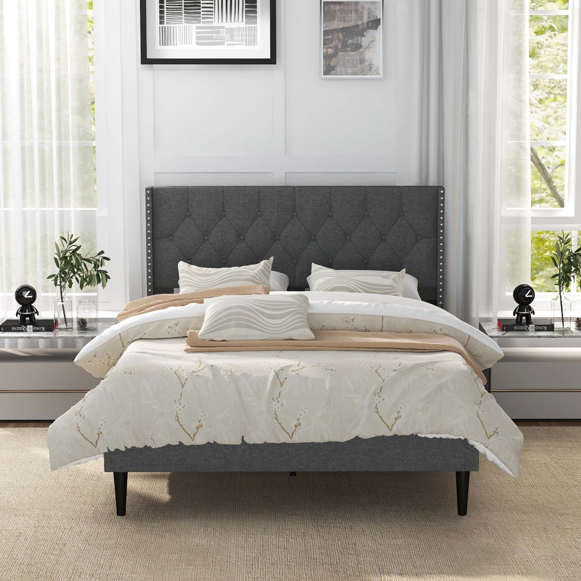 Alt View 2. Costway - Costway Full Size Upholstered Platform Bed Button Tufted Headboard Mattress Foundation - Grey.