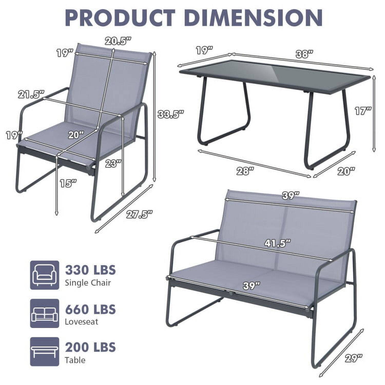 PRODUCT DIMENSION

- Single Chair: 20.5" x 19" x 21.5" x 33.5" x 19" x 20" x 15" x 23" x 27.5"
- Loveseat: 39" x 41.5" x 39" x 29"
- Table: 38" x 19" x 17" x 28" x 20"

Weight Capacity:
- Single Chair: 330 LBS
- Loveseat: 660 LBS
- Table: 200 LBS