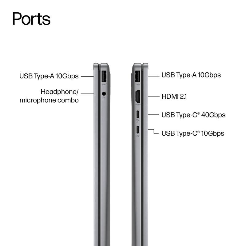 Ports

- USB Type-A 10Gbps
- Headphone/ microphone combo
- HDMI 2.1
- USB Type-C 40Gbps
- USB Type-C 10Gbps