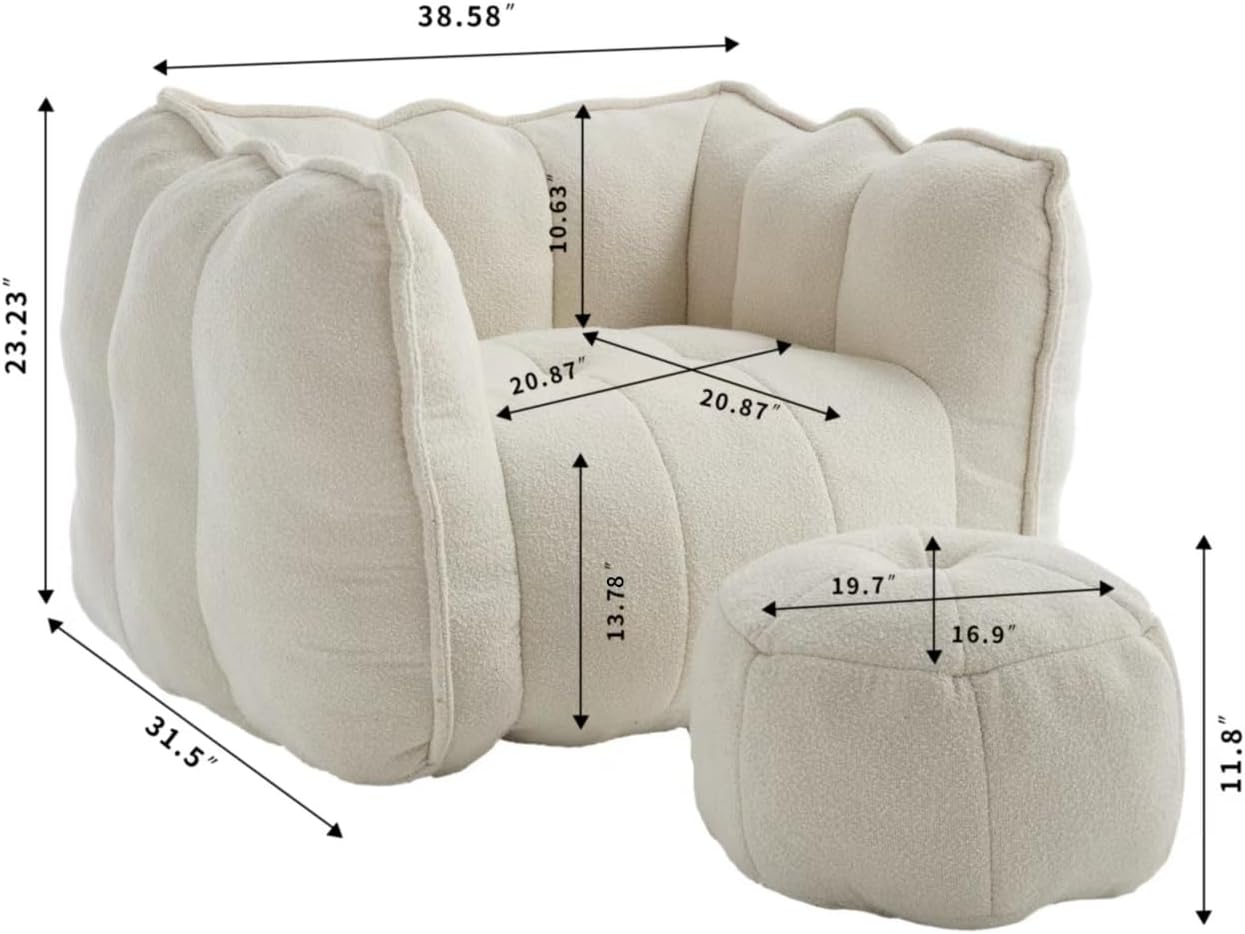 Trinkets Crazed - Chenille Giant Bean Bag Sleeper Chair with Ottoman, Adults and Kids Lazy Floor Sofa Couch - beige - Thumbnail 3