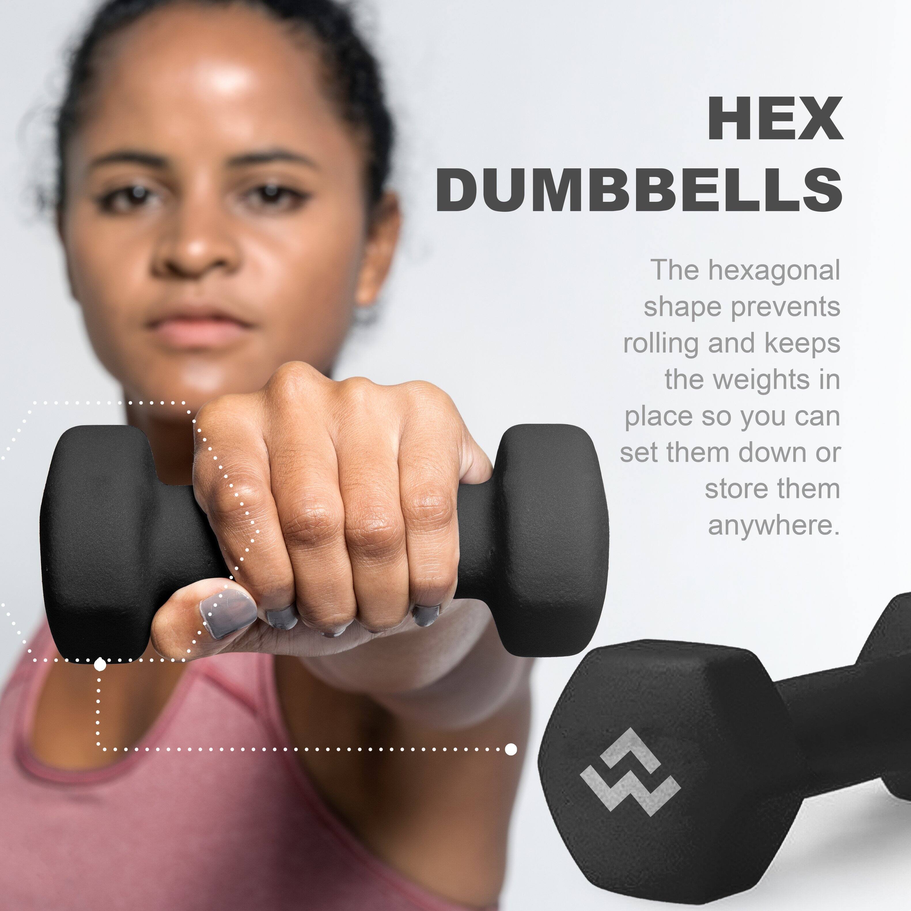 HEX DUMBBELLS

The hexagonal shape prevents rolling and keeps the weights in place so you can set them down or store them anywhere.