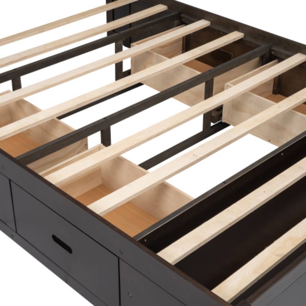 Alt View 1. LUCKY ONE - Queen Size Wood Platform Bed with Storage Headboard, 4 Drawers, Shoe Rack, Wood Slats, No Box Spring Needed - Espresso.