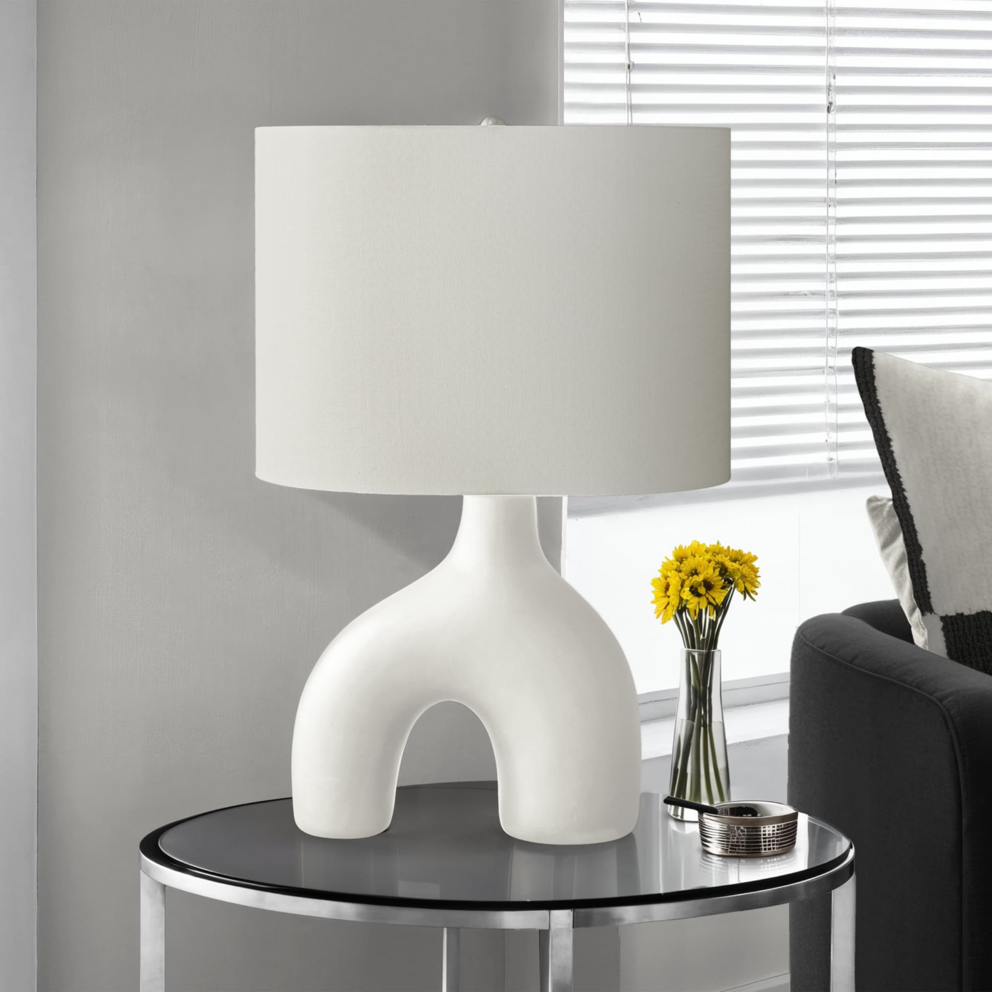 Left. Luckbyte - 25 Inch White Ceramic Table Lamp Ivory Cream Shade Contemporary Modern Light.