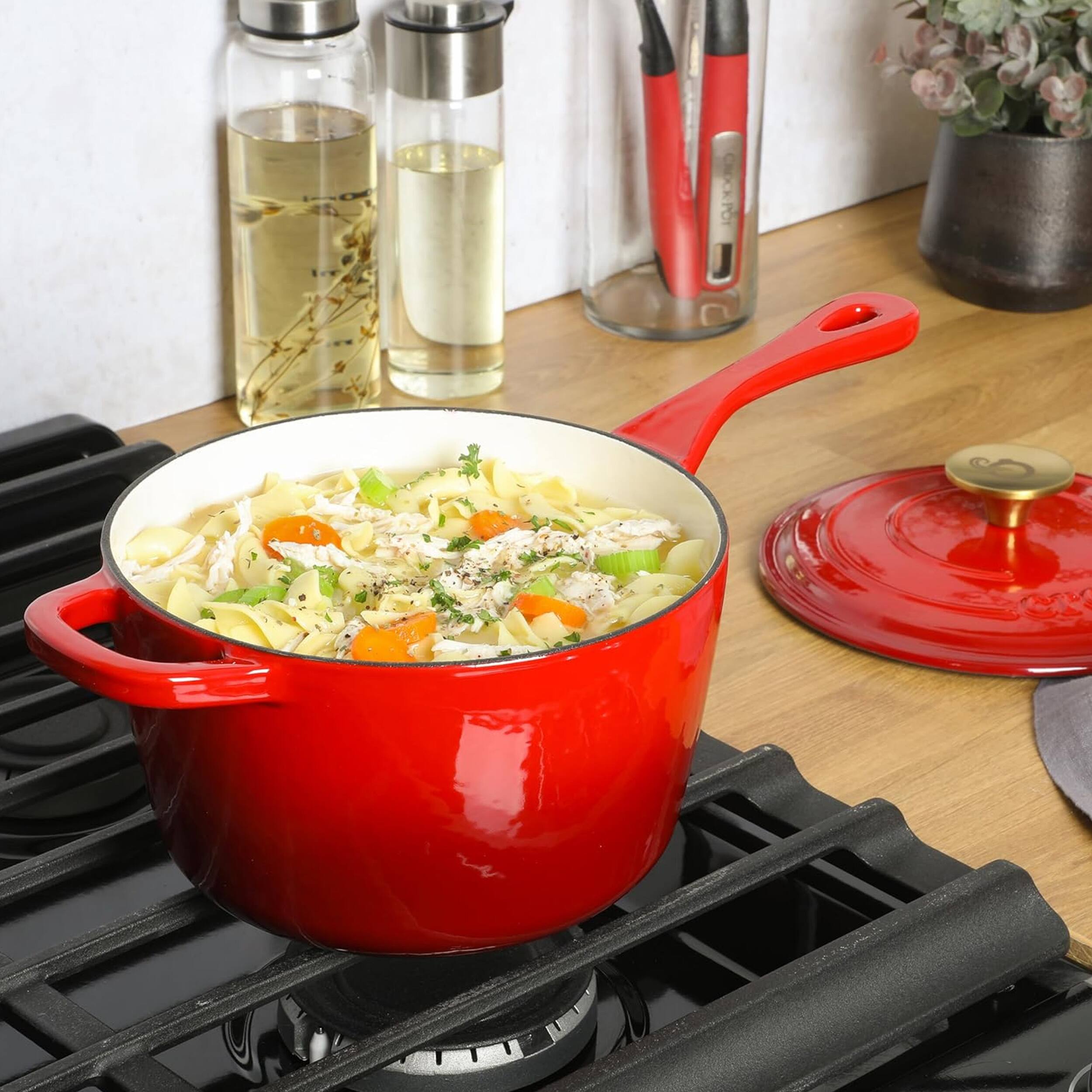 Alt View 4. Crock-Pot - Crock-Pot Artisan 3 Quart Enameled Cast Iron Saucepan with Lid in Red and Gold - Red and Gold.