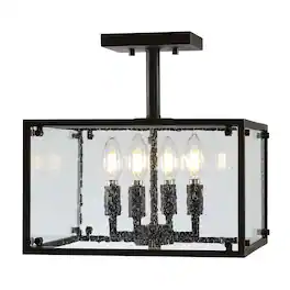Jonathan Y - Paysan 13" 4-Light Iron/Seeded Glass Rustic Farmhouse LED Flush Mount, Oil Rubbed Bronze - Oil-Rubbed Bronze