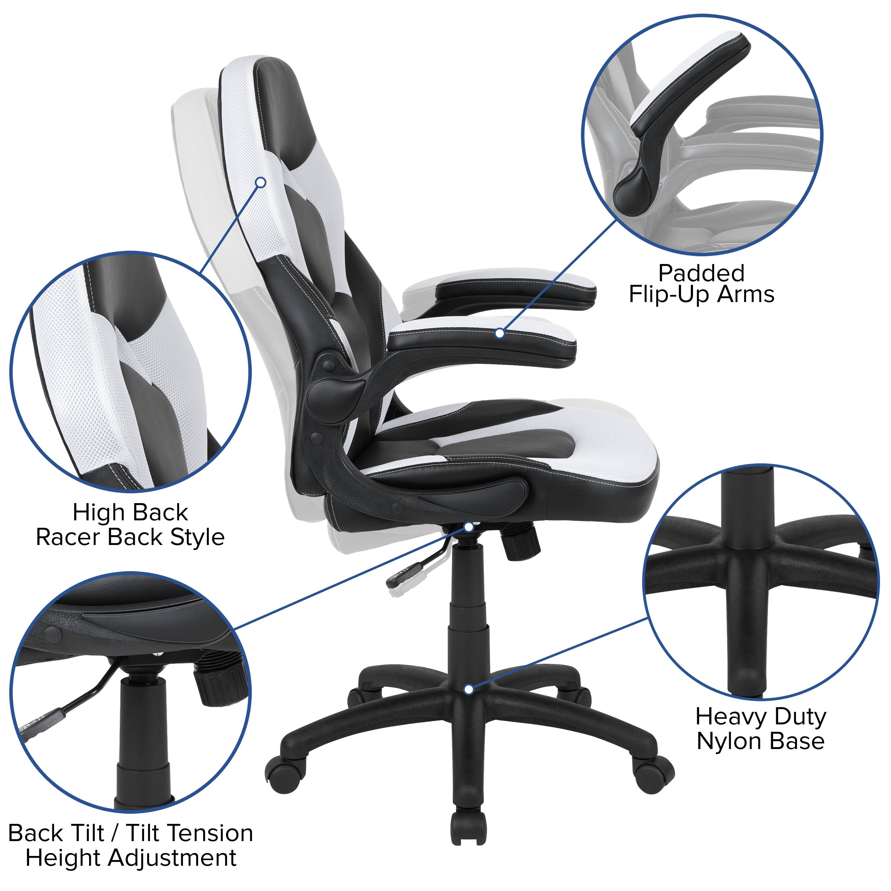 Padded Flip-Up Arms  
High Back Racer Back Style  
Heavy Duty Nylon Base  
Back Tilt / Tilt Tension Height Adjustment