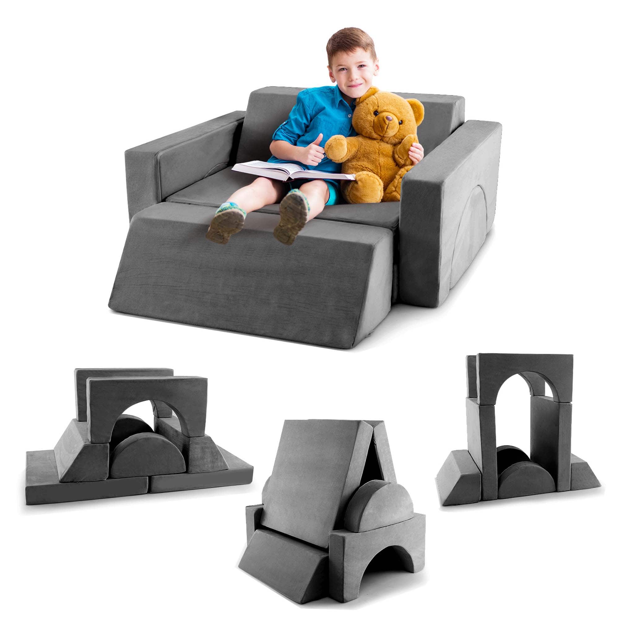 Front. Costway - Costway Kids Modular Play Sofa 8 PCS with Detachable Cover for Playroom & Bedroom Indoor - Grey.