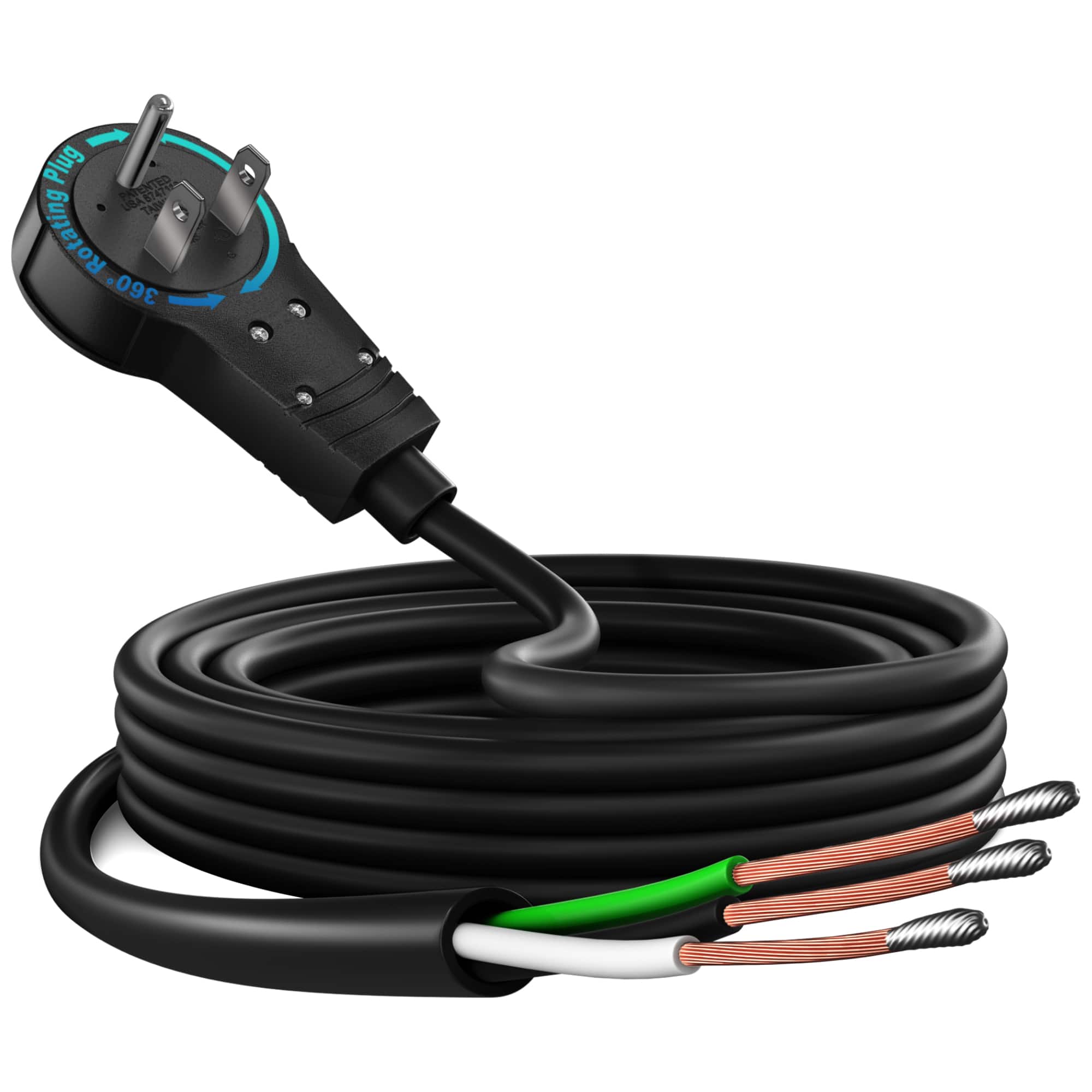 Maximm - 360 Degree Rotating Flat Plug - 15ft Replacement Power Cord with Open End, 14AWG 3 Conductor 3-Prong - Black