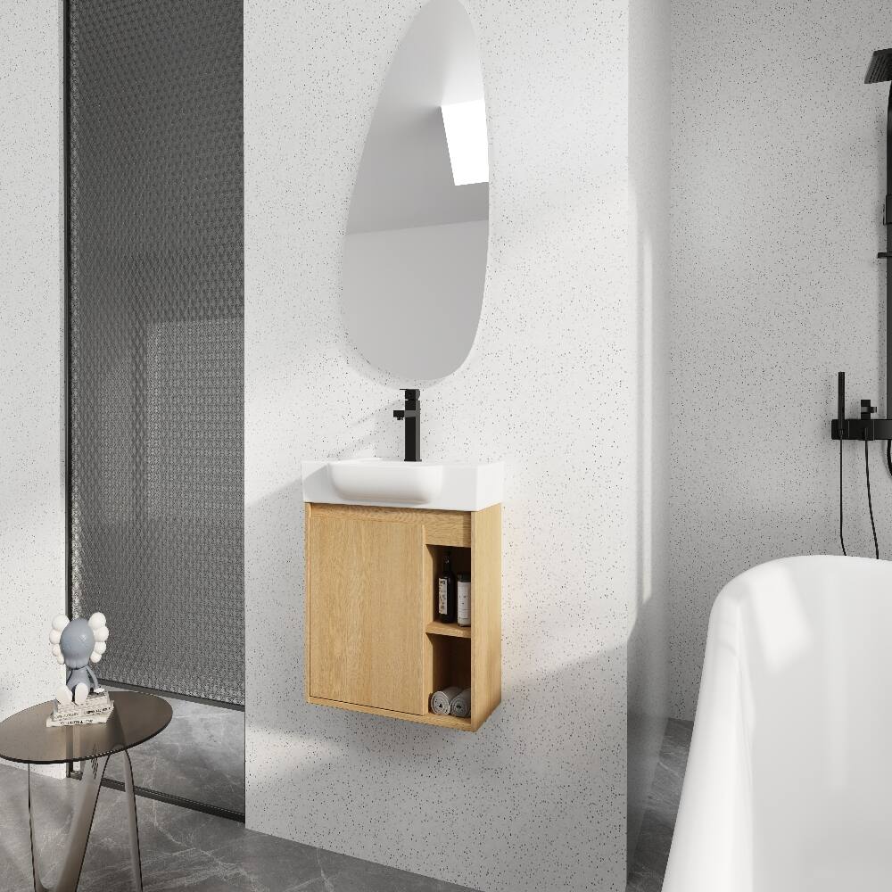 Left. Loheer - Loheer 24 inch wall mounted bathroom vanity Light Oak Floating Vanity with White Ceramic Sink - Light Oak.