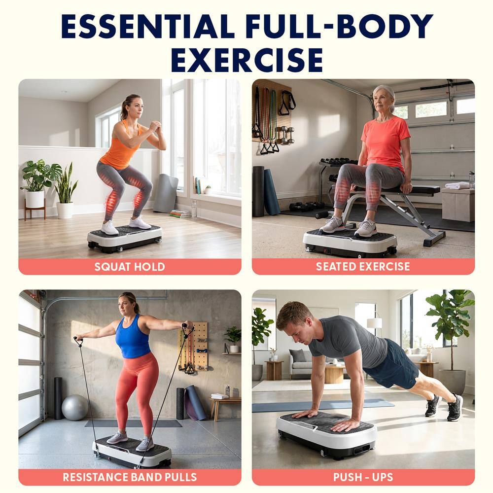 ESSENTIAL FULL-BODY EXERCISE

SQUAT HOLD

SEATED EXERCISE

RESISTANCE BAND PULLS

PUSH-UPS