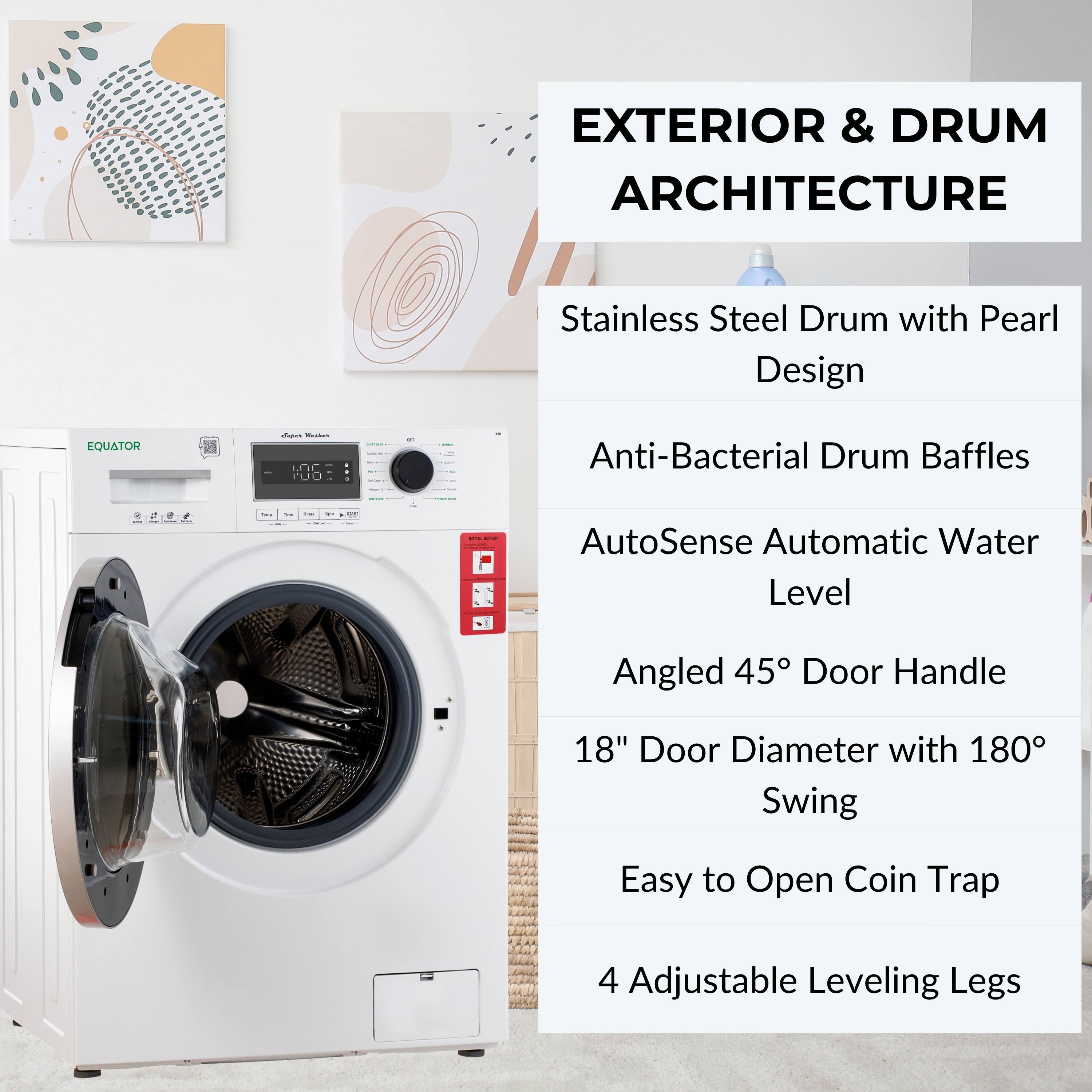 EXTERIOR & DRUM ARCHITECTURE

- Stainless Steel Drum with Pearl Design
- Anti-Bacterial Drum Baffles
- AutoSense Automatic Water Level
- Angled 45° Door Handle
- 18" Door Diameter with 180° Swing
- Easy to Open Coin Trap
- 4 Adjustable Leveling Legs