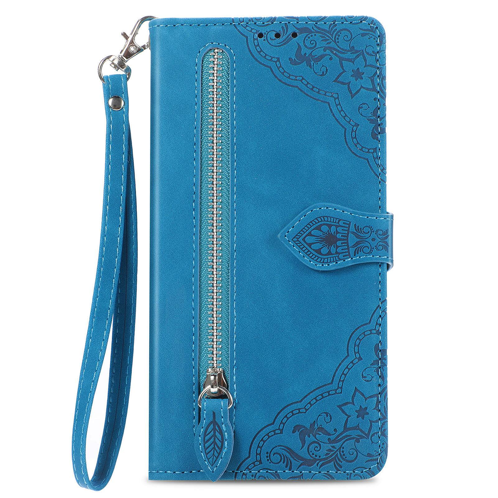 Left. Dteck - for Motorola Edge (2025) Wallet Case,Folio Shockproof PU Leather Card Holder Cover with Zipper Pocket & Wrist Strap - Blue.