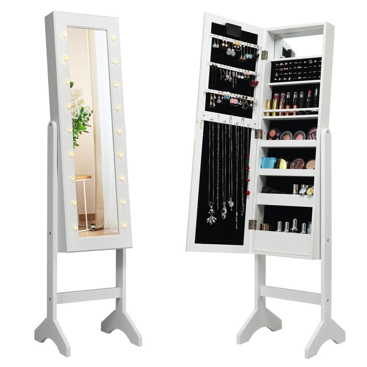 Ecooso - Standing Mirrored Jewelry Armoire Cabinet with Full-Length Mirror and LED Lights