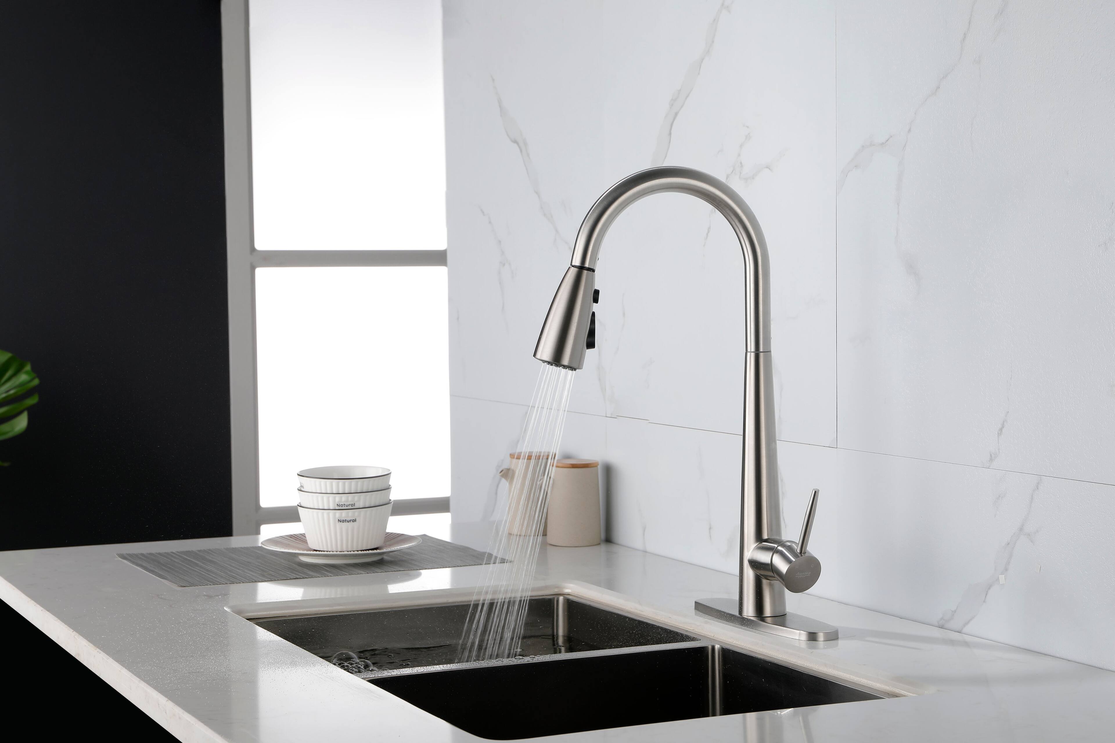 Left. Siljoy - Single Handle Stainless Steel Kitchen Sink Faucet with Pull Down Sprayer - Brushed Nickel.