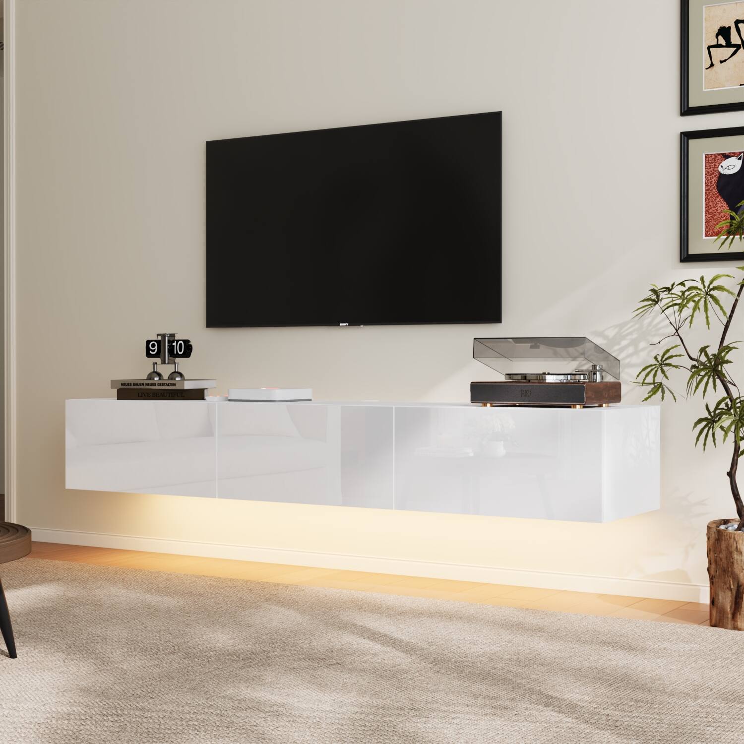 Left. Famapy - Wall-Mounted Gloss TV Stand, Floating Media Console with LED Lights, Handle-Free 3-Drawer Storage & Cable Management - White.