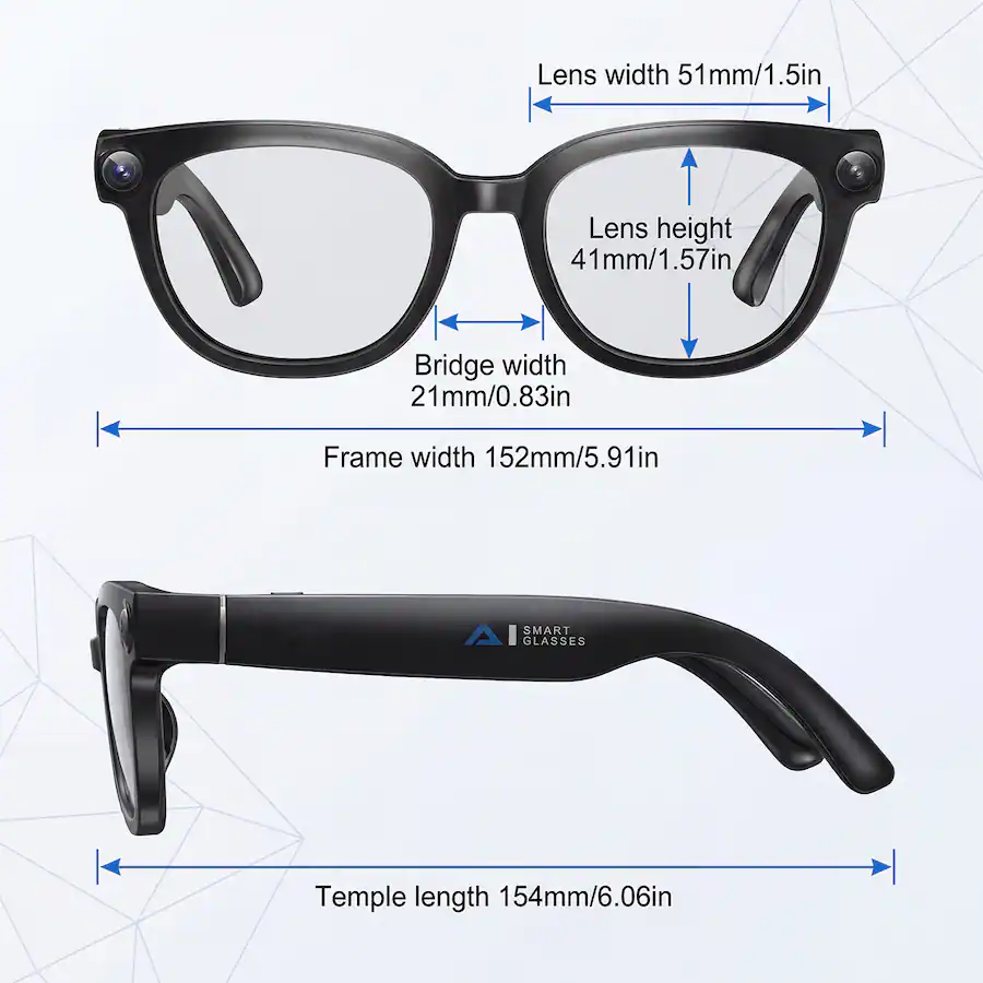 Lens width 51mm/1.5in
Lens height 41mm/1.57in
Bridge width 21mm/0.83in
Frame width 152mm/5.91in
Temple length 154mm/6.06in
