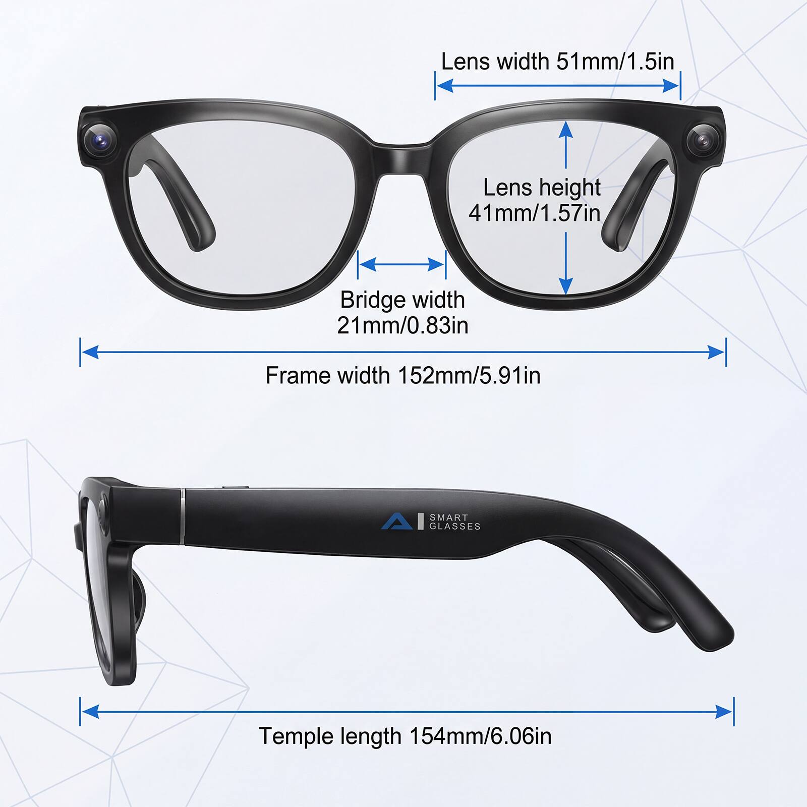 Lens width 51mm/1.5in  
Lens height 41mm/1.57in  
Bridge width 21mm/0.83in  
Frame width 152mm/5.91in  
Temple length 154mm/6.06in