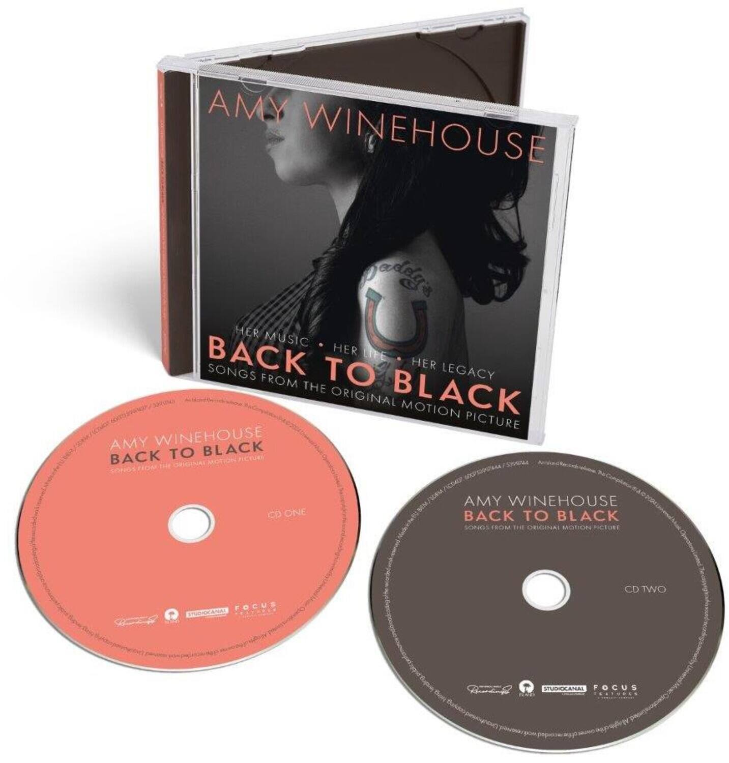 AMY WINEHOUSE  
BACK TO BLACK  
SONGS FROM THE ORIGINAL MOTION PICTURE  

HER MUSIC • HER LIFE • HER LEGACY  

CD ONE  
AMY WINEHOUSE  
BACK TO BLACK  
SONGS FROM THE ORIGINAL MOTION PICTURE  

CD TWO  
AMY WINEHOUSE  
BACK TO BLACK  
SONGS FROM THE ORIGINAL MOTION PICTURE  

STUDIOCANAL  
FOCUS