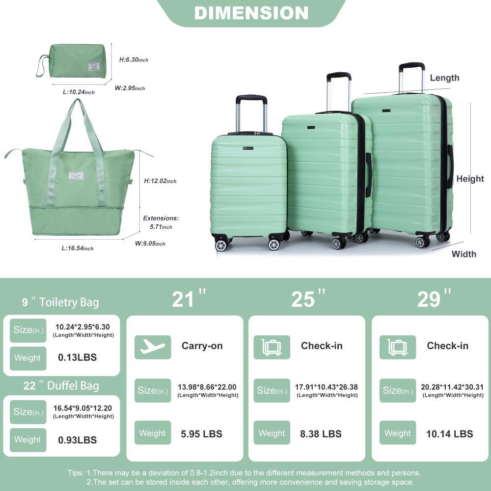 **DIMENSION**

- **9" Toiletry Bag**
  - Size (in): 10.24" x 2.95" x 6.30"
  - Weight: 0.13 LBS

- **21" Carry-on**
  - Size (in): 13.98" x 8.66" x 22.00"
  - Weight: 5.95 LBS

- **25" Check-in**
  - Size (in): 17.91" x 10.43" x 26.38"
  - Weight: 8.38 LBS

- **29" Check-in**
  - Size (in): 20.28" x 11.42" x 30.31"
  - Weight: 10.14 LBS

- **22" Duffel Bag**
  - Size (in): 16.54" x 9.05" x 12.20"
  - Weight: 0.93 LBS

**Tips:**
1. There