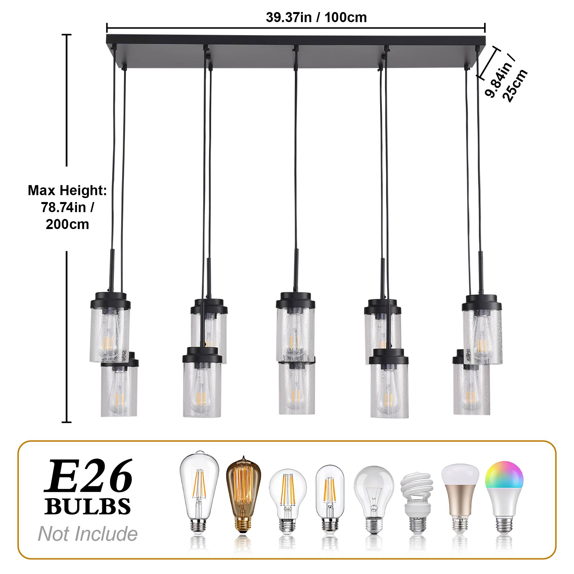 39.37in / 100cm  
Max Height: 78.74in / 200cm  
9.84in / 25cm  
E26 BULBS Not Include
