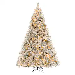 Costway - 8 FT Pre-Lit Christmas Tree 3-Minute Quick Shape Flocked Decor with 600 LED Lights - Green/White