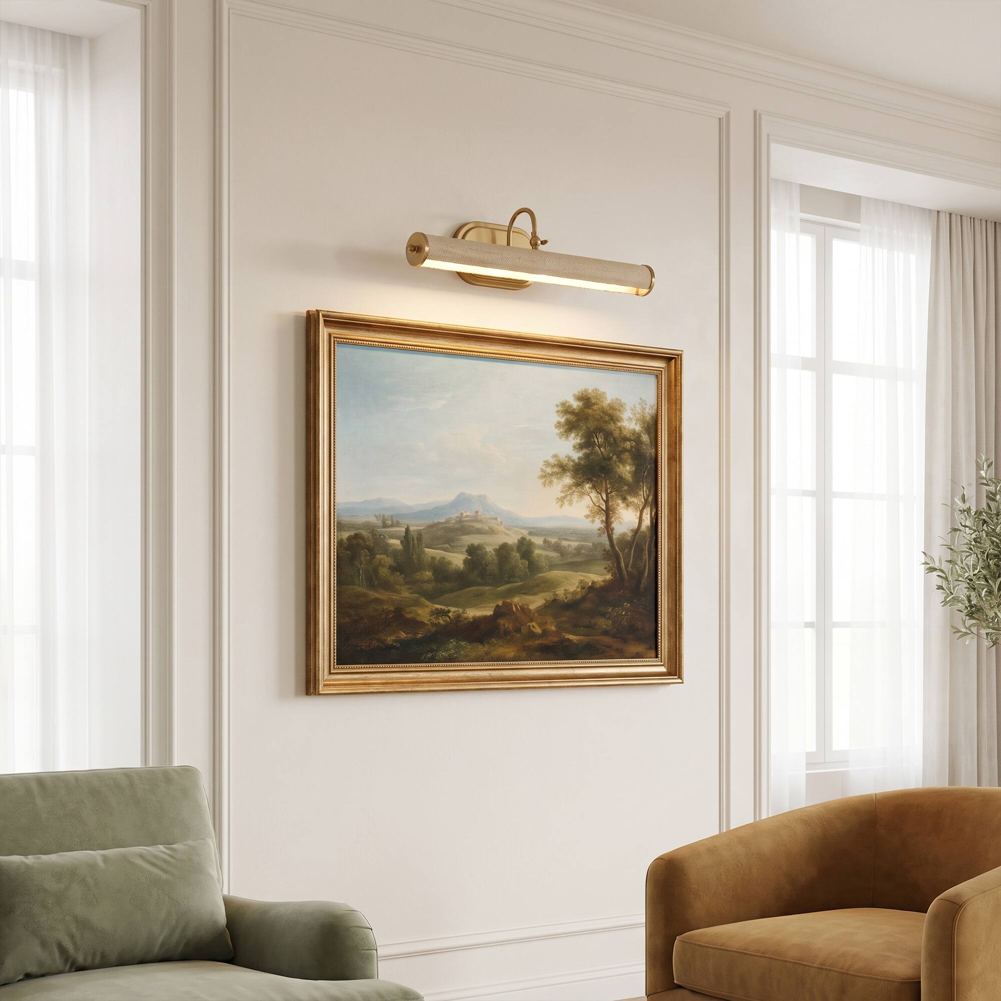 Left. Parrot Uncle - 22" Vintage Picture Light Adjustable Wall Sconce with Fabric Shade for Art and Gallery - Brass.