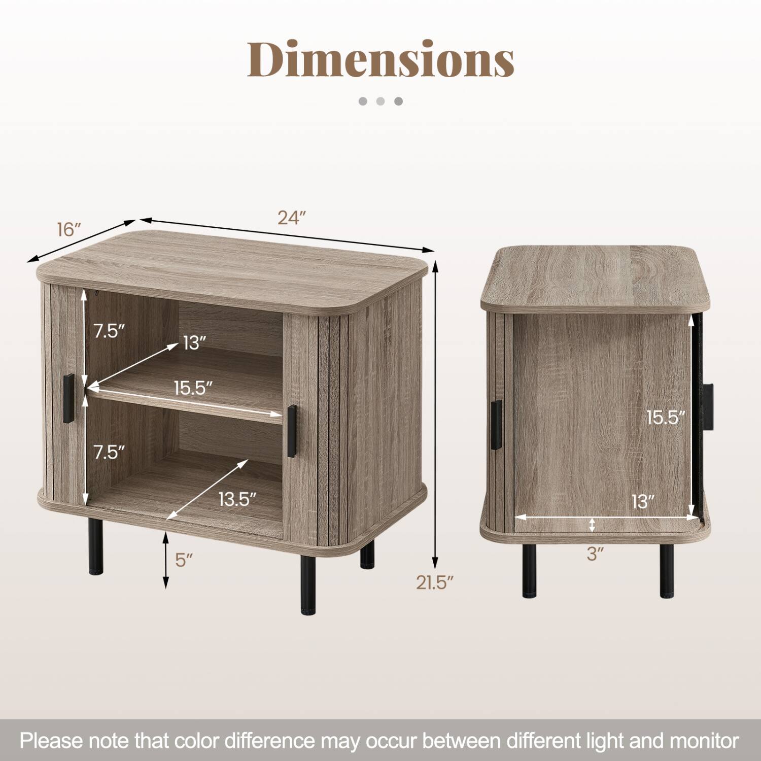 Dimensions

16"
24"
7.5"
13"
15.5"
15.5"
7.5"
13.5"
13"
5"
21.5"
3"

Please note that color difference may occur between different light and monitor