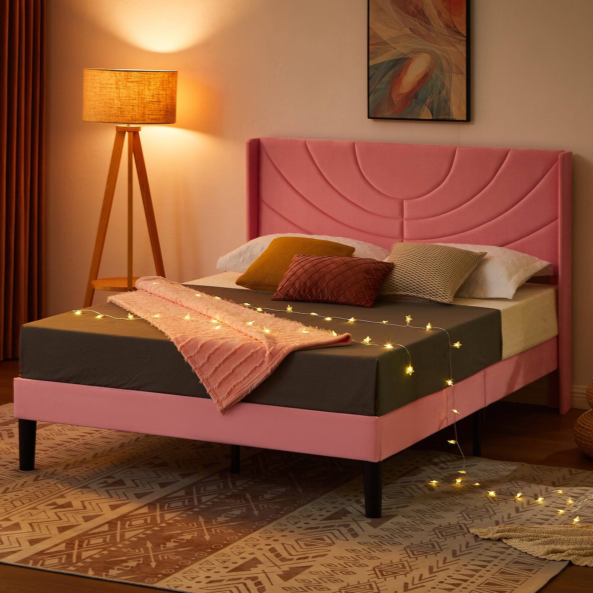 Left. Vecelo - Upholstered Platform Full Bed Frame with Fabric Headboard,Wooden Slats Support/No Box Spring Needed/Mattress Foundation - Pink.