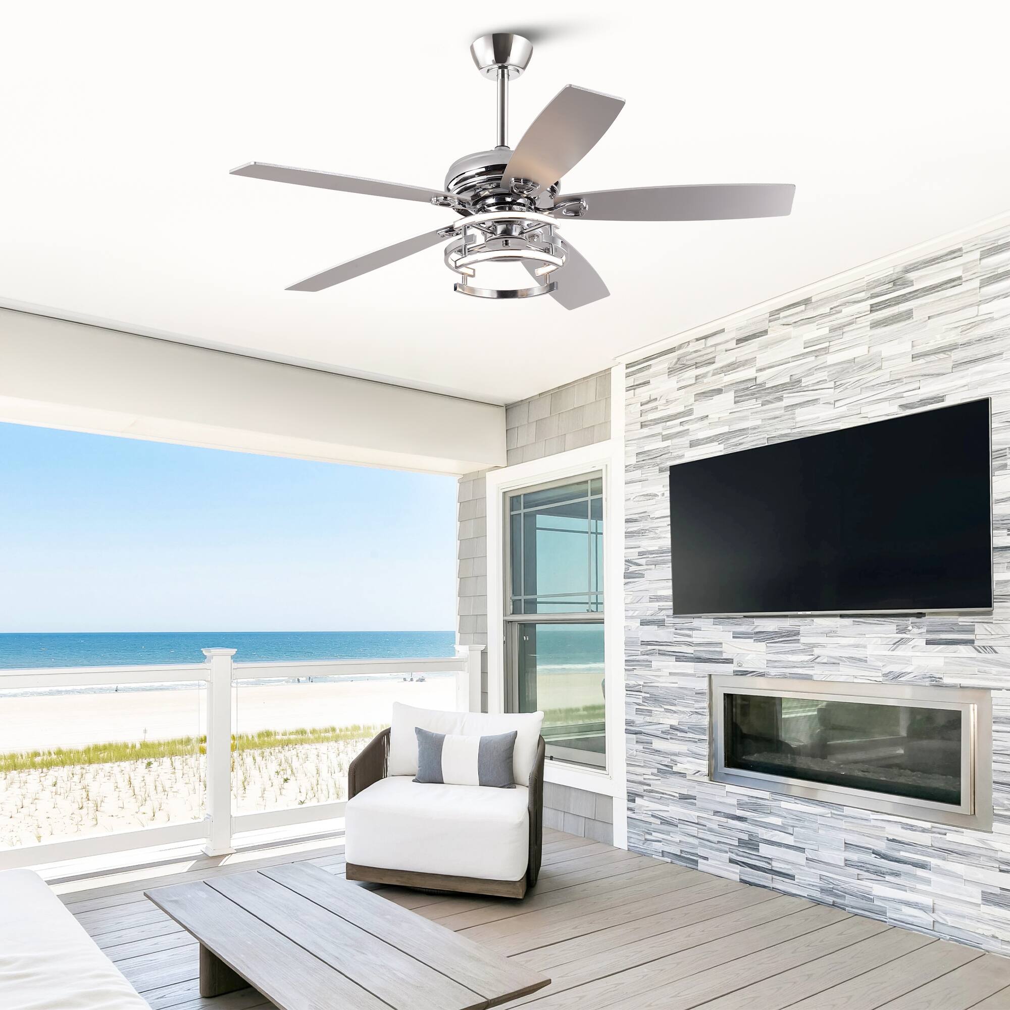 Back. Parrot Uncle - 52"  Modern Chrome Downrod Mount Dimmable LED Ceiling Fan with Remote and Reversible Blades - Chrome.
