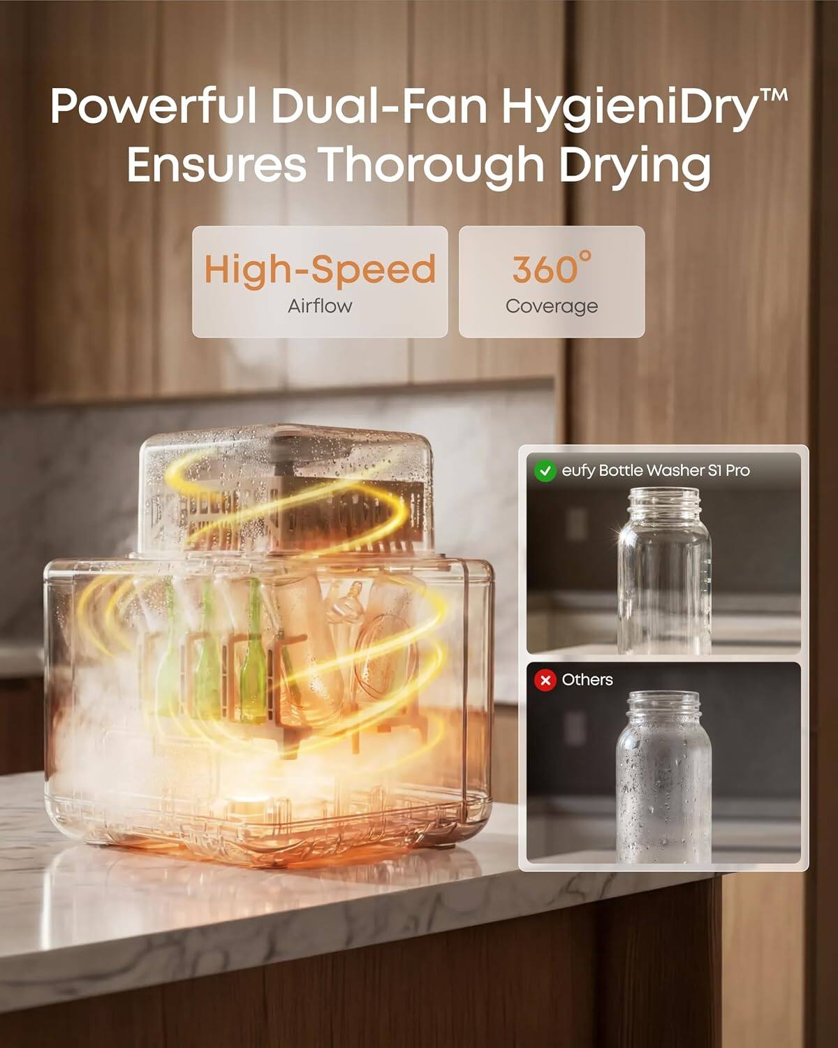 Powerful Dual-Fan HygieniDry™ Ensures Thorough Drying  
High-Speed Airflow  
360° Coverage  
eufy Bottle Washer S1 Pro  
Others