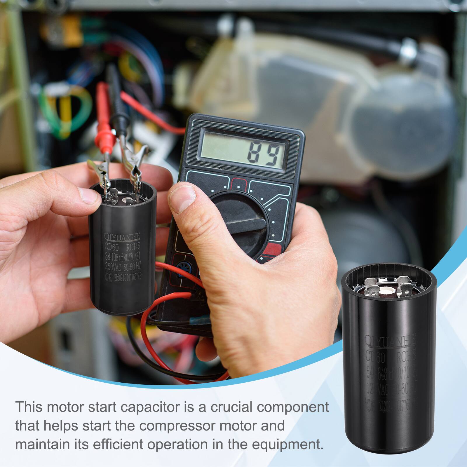 89 QLYUANHE CD60 ROHS 88-108 1 40/N0 23 250VAD 50-60 HI CE

This motor start capacitor is a crucial component that helps start the compressor motor and maintain its efficient operation in the equipment.