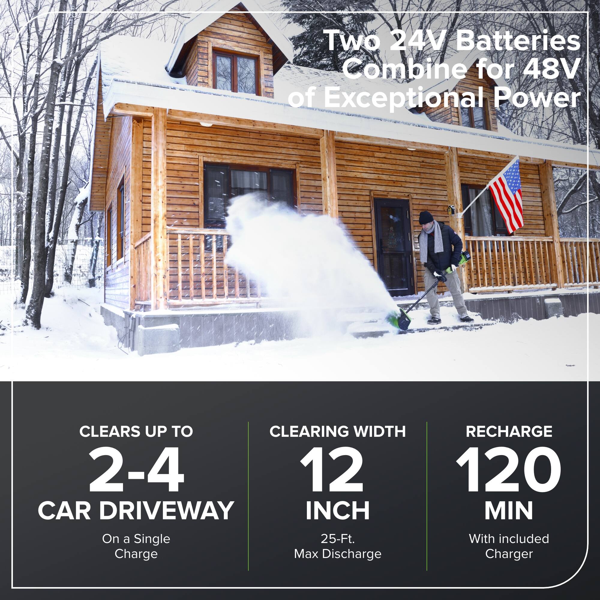 Two 24V Batteries Combine for 48V of Exceptional Power

CLEARS UP TO 2-4 CAR DRIVEWAY On a Single Charge

CLEARING WIDTH 12 INCH 25-Ft. Max Discharge

RECHARGE 120 MIN With included Charger