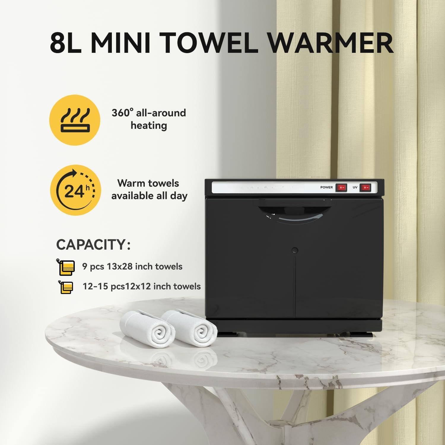 8L MINI TOWEL WARMER

- 360° all-around heating
- Warm towels available all day

CAPACITY:
- 9 pcs 13x28 inch towels
- 12-15 pcs 12x12 inch towels