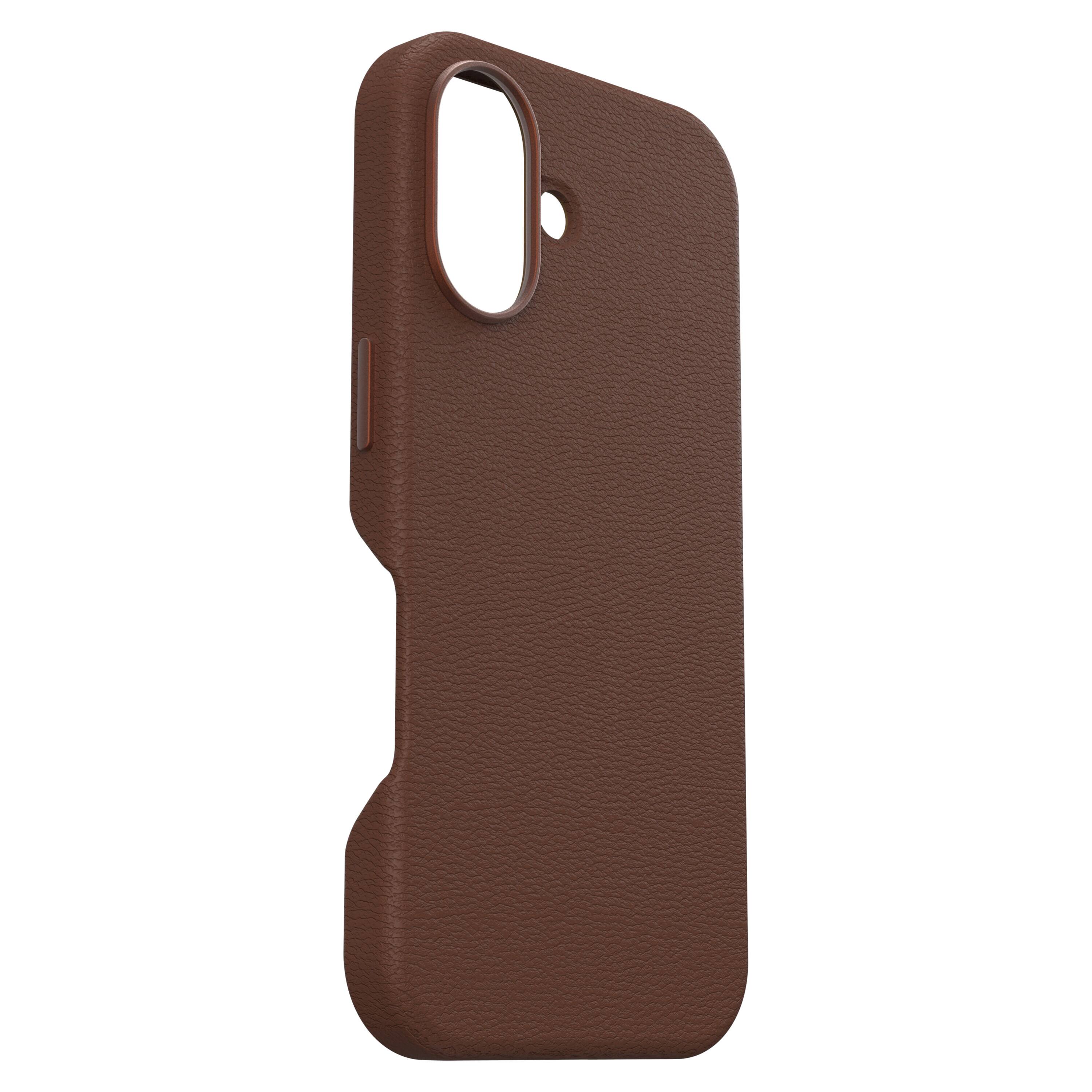 Left. OtterBox - Symmetry Cactus Leather Series Hard Shell for MagSafe for Apple iPhone 16 - Rich Adobe.