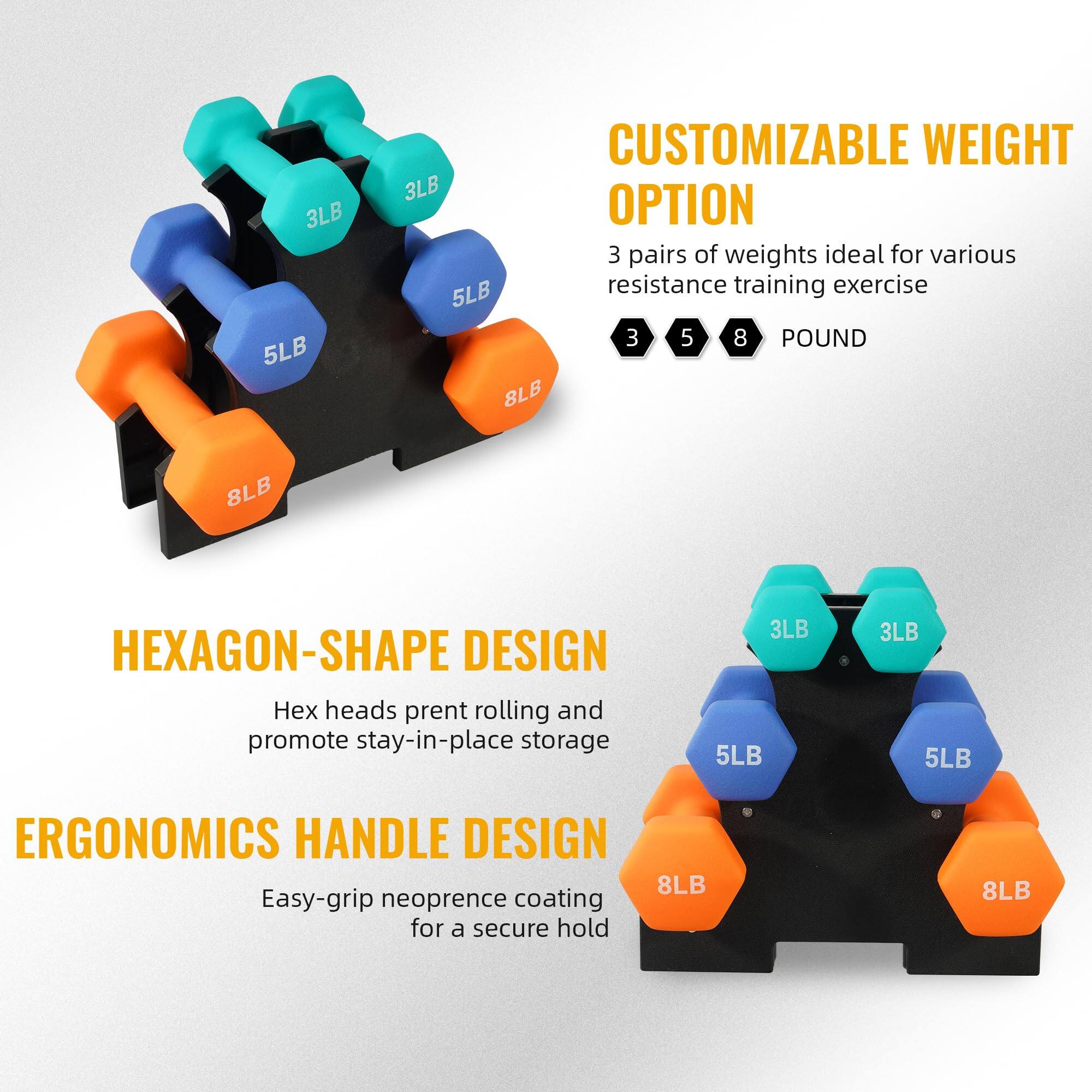 **CUSTOMIZABLE WEIGHT OPTION**  
3 pairs of weights ideal for various resistance training exercise  
3 5 8 POUND  

**HEXAGON-SHAPE DESIGN**  
Hex heads prevent rolling and promote stay-in-place storage  

**ERGONOMICS HANDLE DESIGN**  
Easy-grip neoprene coating for a secure hold