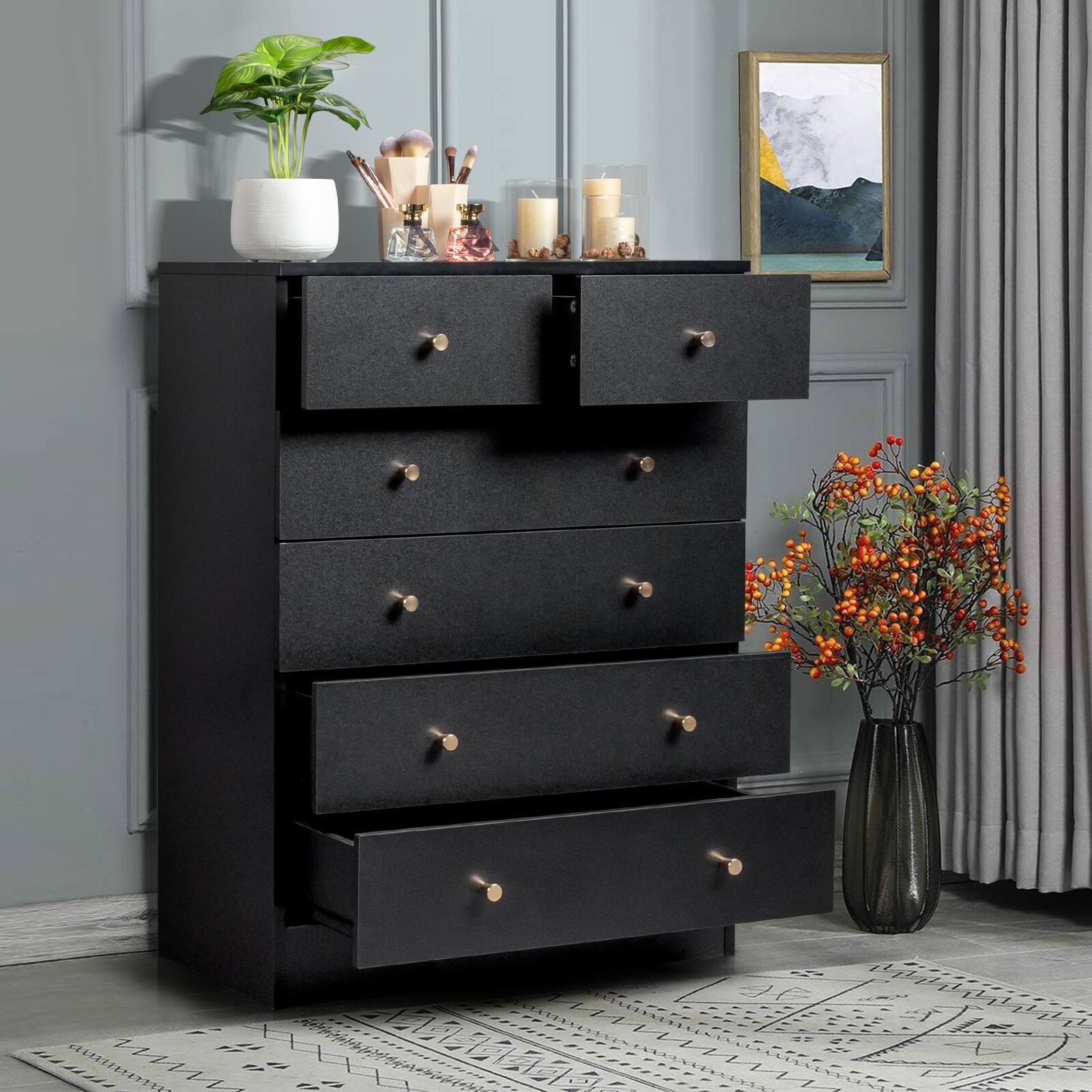 Alt View 4. Winado - 6 Drawer Dresser for Bedroom,Tall Dresser Chest of Drawers Anti-Tipping Device - Black.