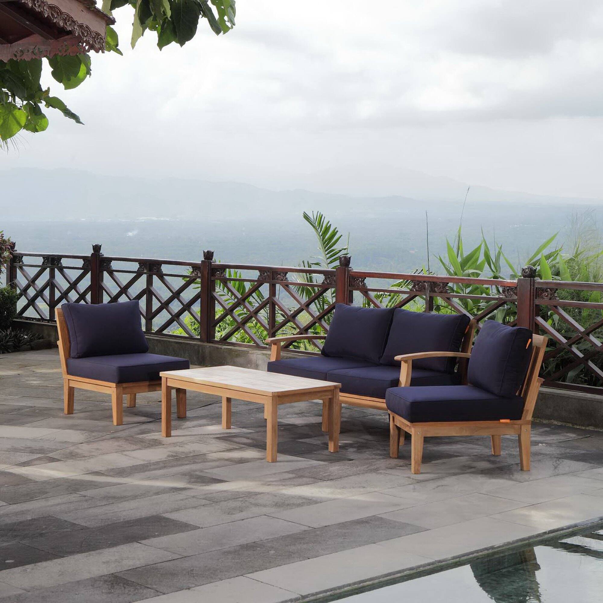 Alt View 5. Modway - Marina 5-Piece Outdoor Teak Patio Set - Solid Grade A Teak with Water- and UV-Resistant Cushions - Natural Navy.
