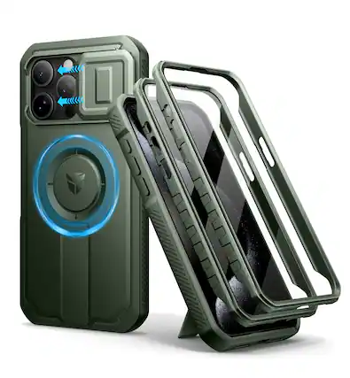 Front. dexnor - Dexnor iPhone 15 Pro Max Case with Slide Camera Cover & Adjustable Kickstand & Built-in Screen Protector,Army Green - Army Green.