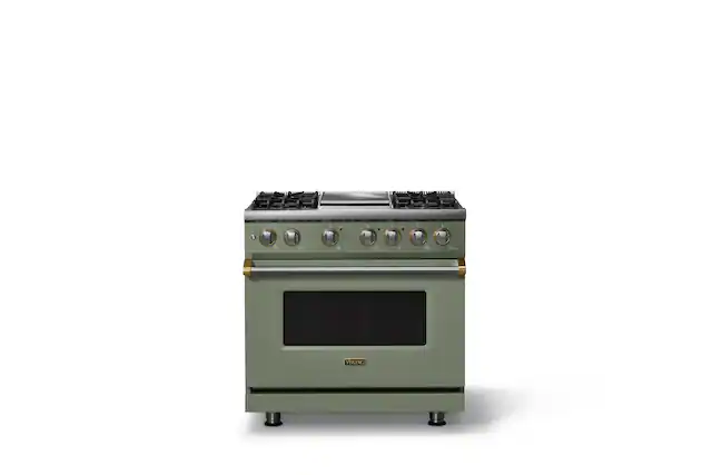 Front. Viking - 36"W. P5S 5.6 Cu.Ft. Freestanding Self-Clean Sealed 4B LP Dual Fuel Convection Range/Grdl-Eucalyptus/Brushed Brass - Eucalyptus.