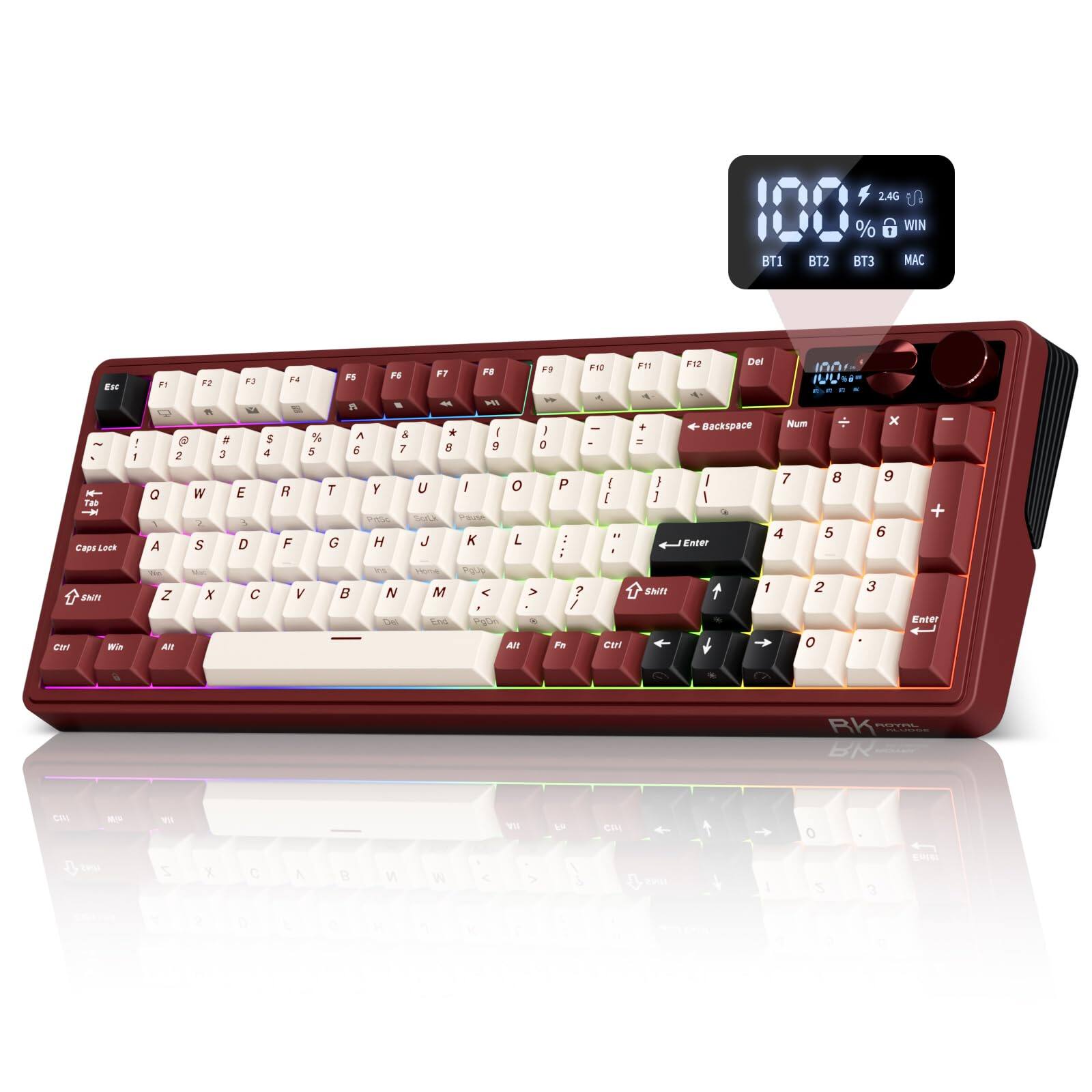 2.4G in % 6 WIN  
BT1  
BT2  
BT3  
MAC  
Esc Tab Caps Lock  
1  
F1 Q 1 A  
2  
F2 W  S  
3  
F3 E 3 D  
$ 4  
F4 R F  
F5 A %  5 6 T G  
F6 F7  44 & * 7 8 Y U Sortuk H J  
F9 IN | 9 / K  
O L  
F9  I S P  
F10 K - { I " I  
F11 + = / J  
F12 Del  Backspace Num / 7 8 I 4 5 Enter  
X 9 6  
+  
Shift  
Z  
X  

V  

N Del  
M End  
F  
? /  
Shift  
1  
1  
2  
3  
Enter  
Ctrl  
Win  
Alt  
Fn  
Ctrl  
O  
RK ROYAL  
CAN  

VIA  
BY  
CHI  
0  
20%  
S  
X  
C  
A  

W  
S  
3  

0  
E  
0  
Y  
0
