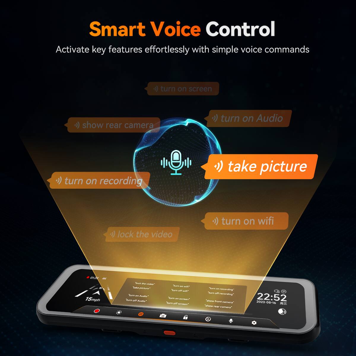 Smart Voice Control
Activate key features effortlessly with simple voice commands
- turn on screen
- show rear camera
- turn on Audio
- turn on recording
- take picture
- turn on wifi
- lock the video
22:52
2023-08-16